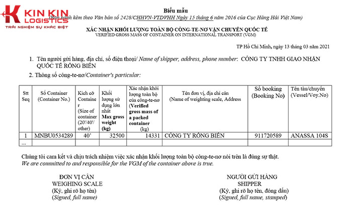 Thông tin có trong phiếu VGM