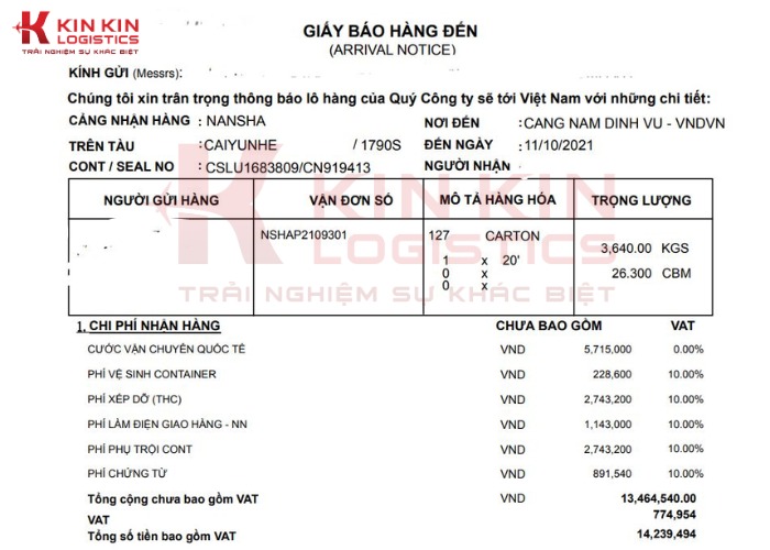 Ví dụ Giấy báo hàng đến 