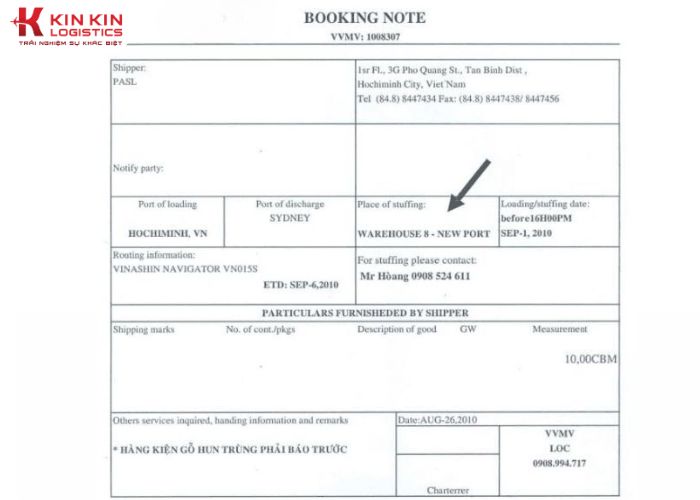 Mẫu phiếu Booking Note